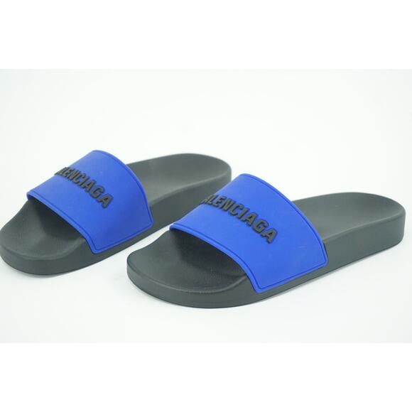 New Balenciaga Pool Flat Slide Sandal SZ 36 C Blue $445 Logo Flip Flop Rubber - Picture 9 of 11
